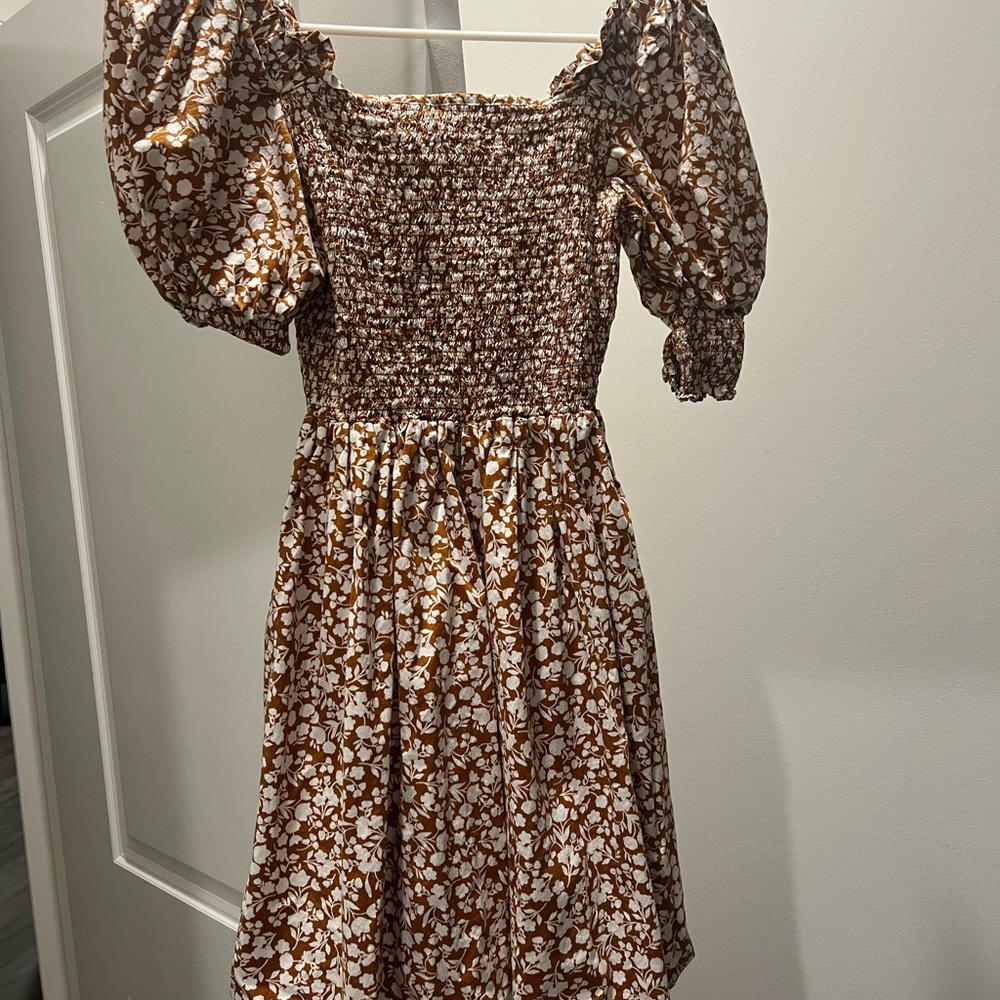 1. State Smocked Puff Sleeve Mini Dress Brown Floral